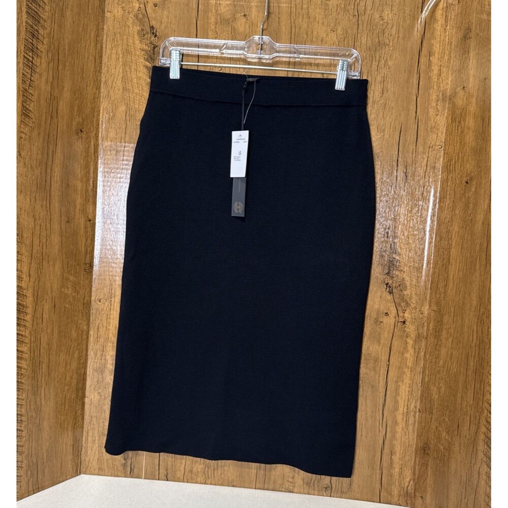 House of Harlow 1960 Black Ribbed Knit Midi Pencil Skirt Back Slit Womens L NWT